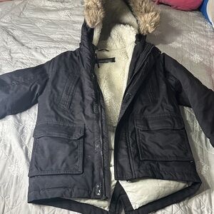 Kids Black Winter Jacket with Faux Fur Hood